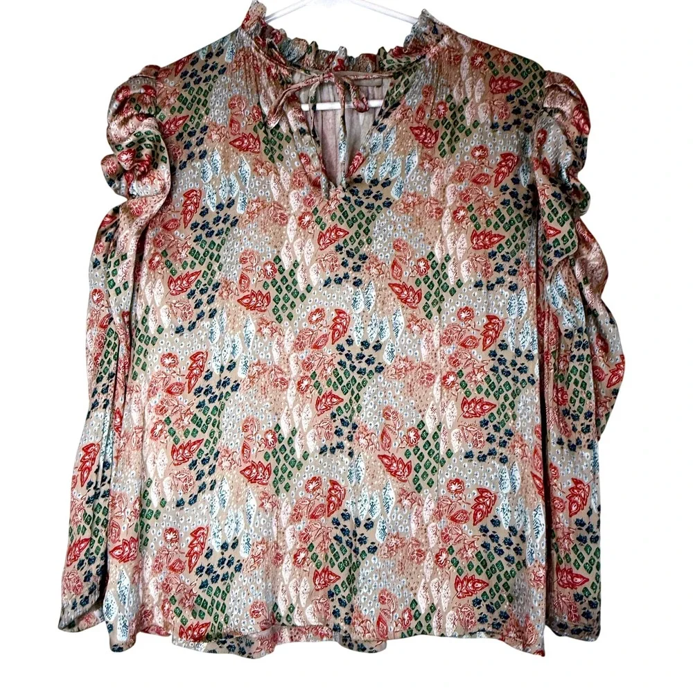 LOFT XS Floral Blouse Ruffle Puff Sleeve Boho Romantic Multicolor Top